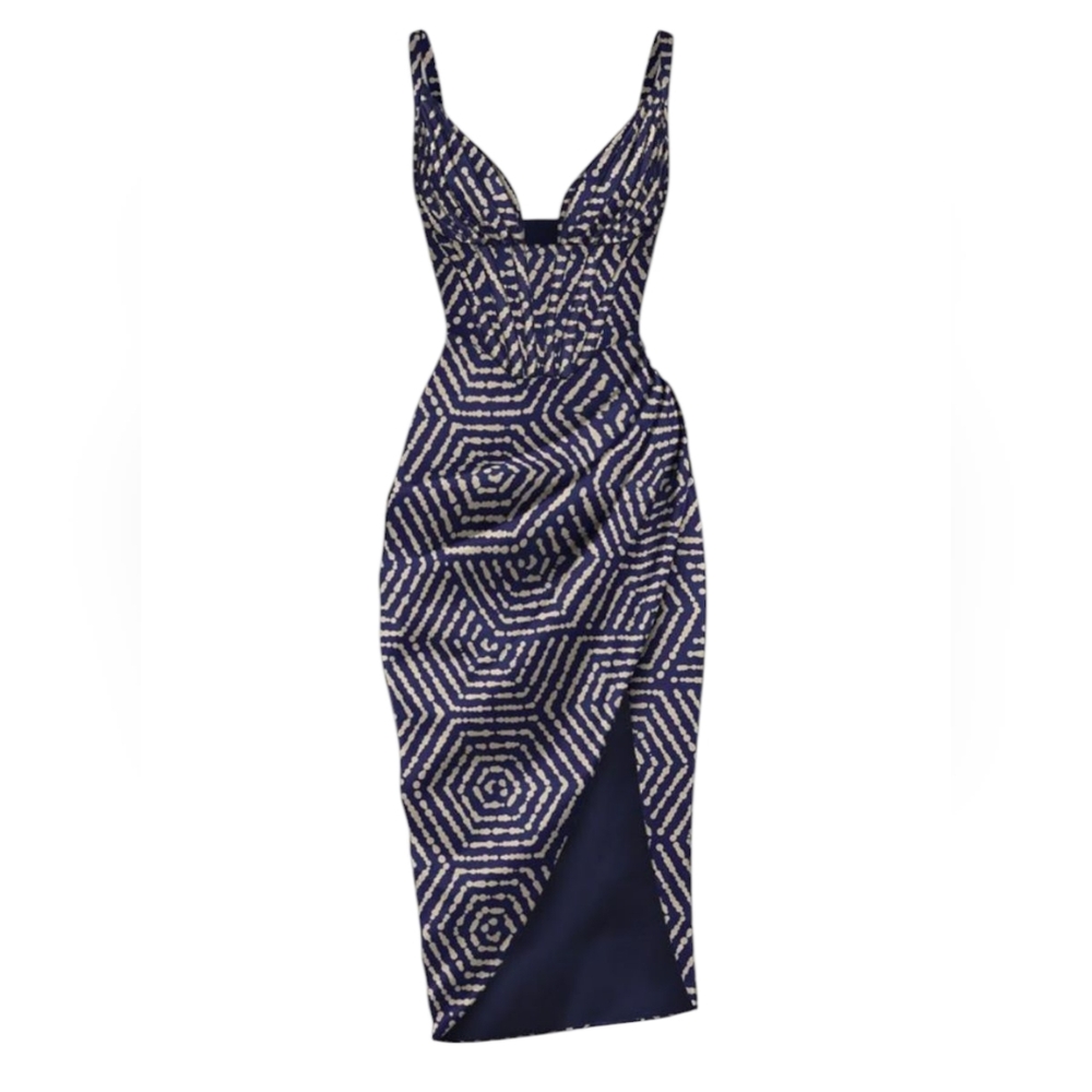 NWT AVERIE Draped Midi Dress Satin Dilla Indigo Hexagon Tie Dye Limited Edition